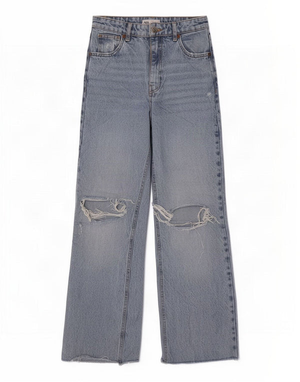 Zara Jean taille haute effet vieilli pour femme, jambe large, EU 36 XS W26 L30 Bleu