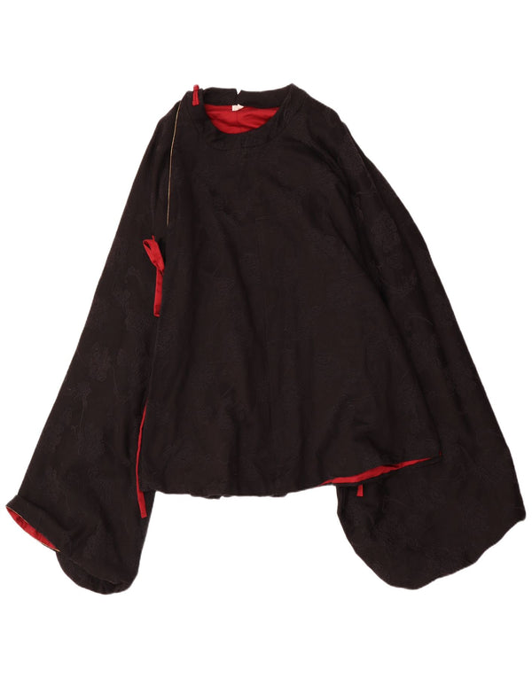 vintage Femmes Manches Longues Poncho Blouse Top UK 12 Moyen Noir Floral