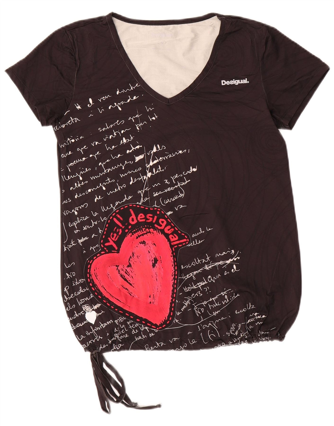 Desigual Femme Graphic T-Shirt Top UK 10 Small Noir Polyamide