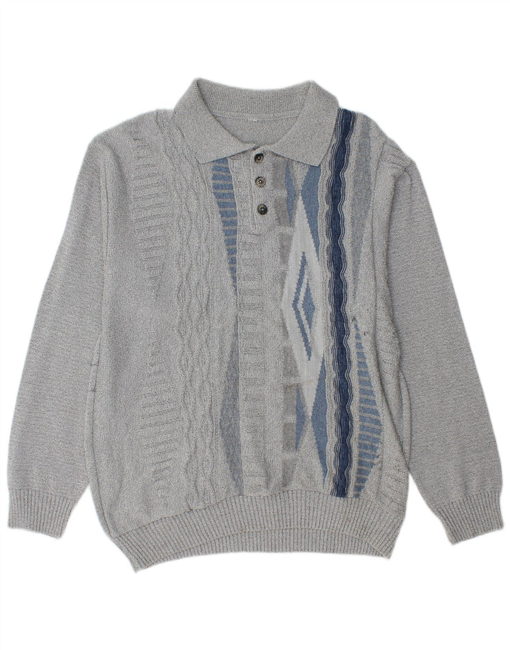vintage Mens Polo Neck Jumper Pull Moyen Gris Géométrique
