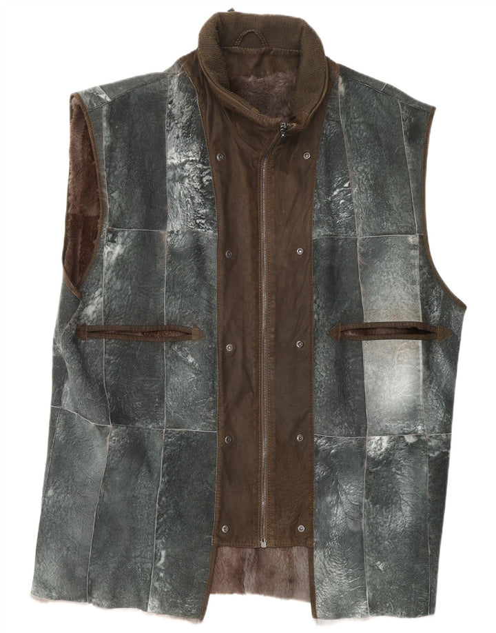 REIHER Gilet en cuir avec doublure en peau de mouton pour homme EU 54 2XL Gris Patchwork Cuir