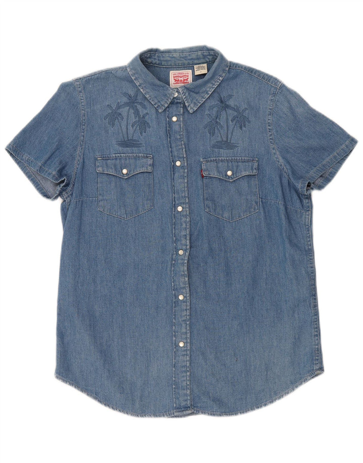 LEVI'S Chemise en jean graphique à manches courtes pour femme UK 14 Bleu moyen Coton