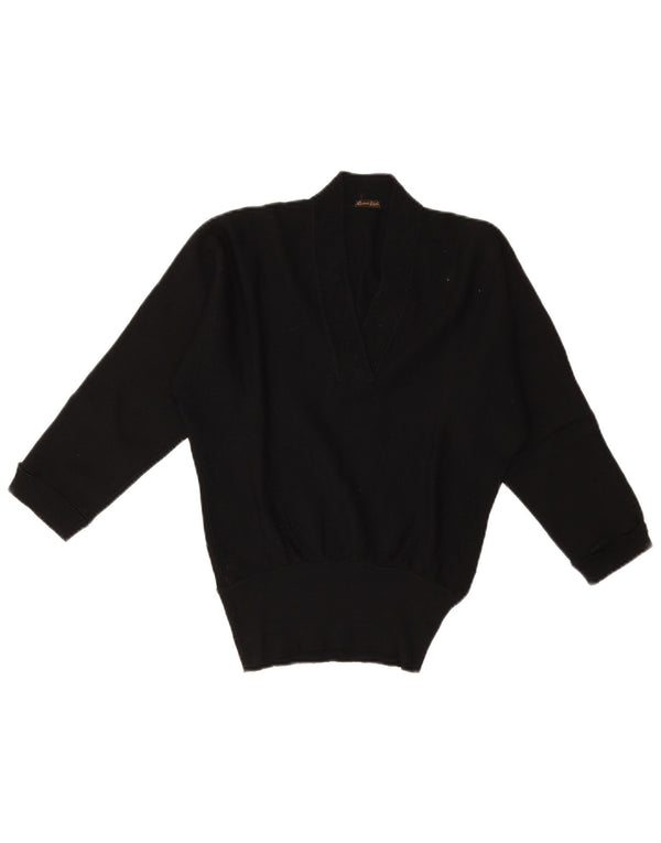 Reine Wolle Pull à manches 3/4 et col en V pour femme UK 10 Small Noir