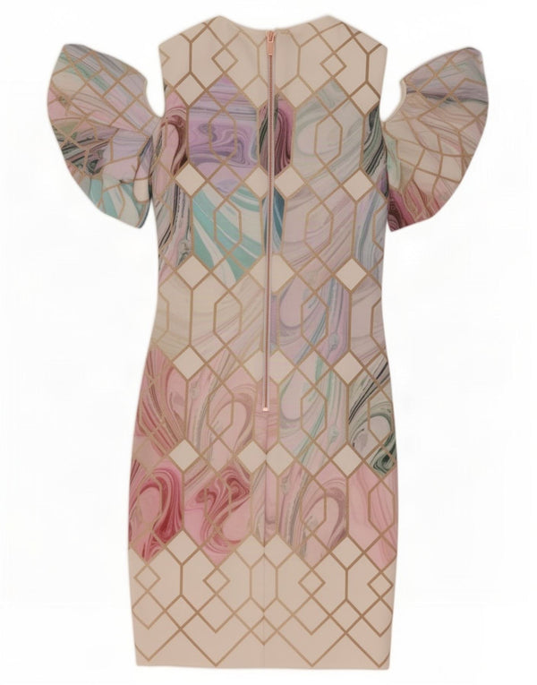 Ted Baker Robe moulante à épaules dénudées pour femme Taille 1 XS Blanc géométrique