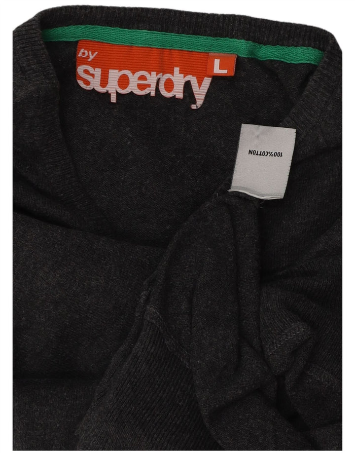 SUPERDRY Pull col V pour femme UK 16 Large Gris Coton