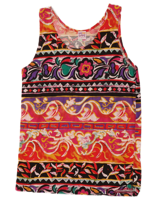 vintage Womens Vest Top UK 14 Grand Coton Floral Multicolore Rétro