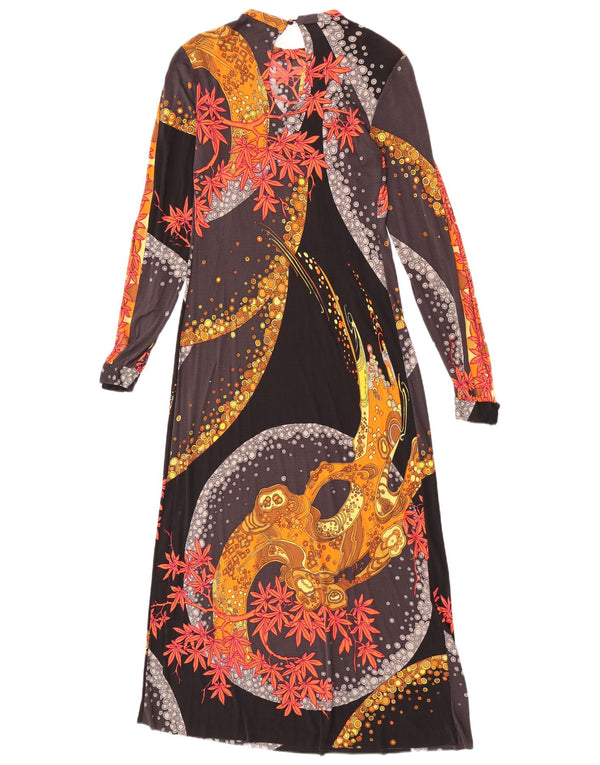 vintage Femmes Graphique Manches Longues Maxi Robe UK 8 Petit Noir Floral
