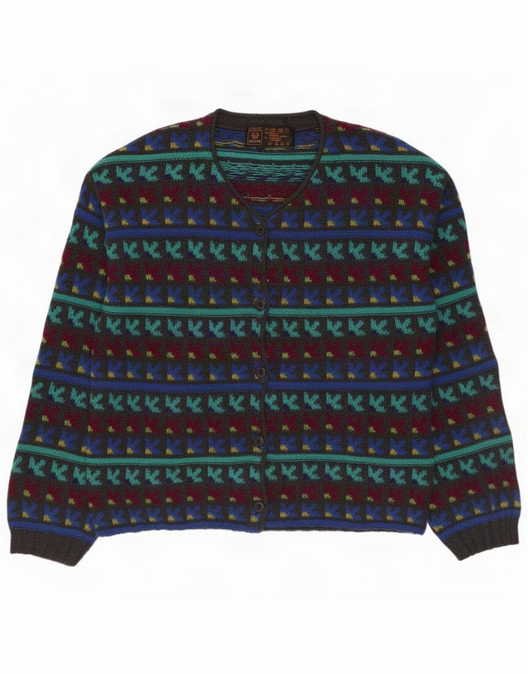 Stefanel Cardigan Femme Pull UK 14 Laine Géométrique Multicolore Moyenne
