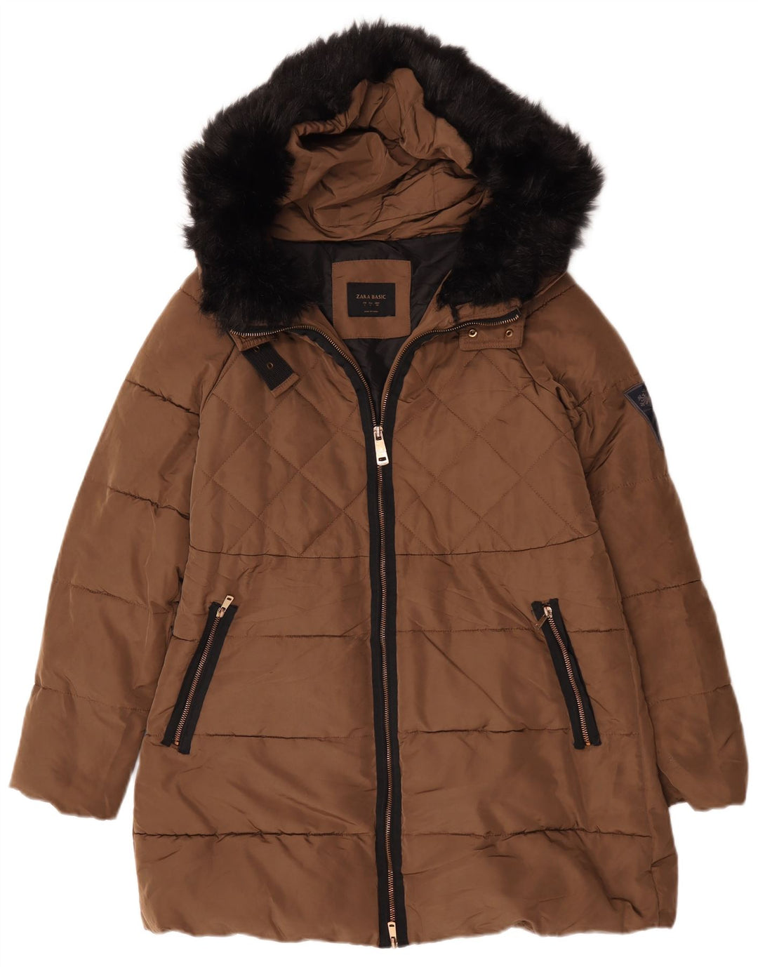 Zara Manteau rembourré à capuche pour femme UK 16 Large Marron Polyester