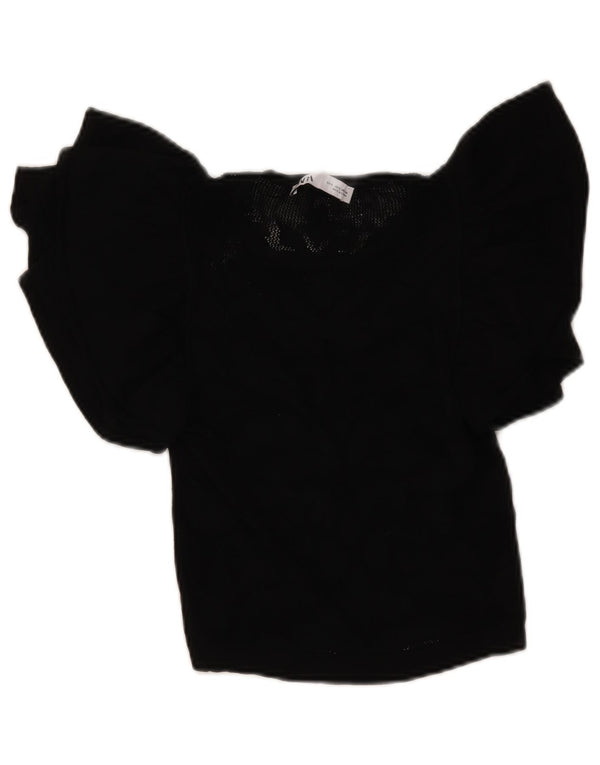 Zara Womens Crop Knit Blouse Top UK 8 Petit Noir