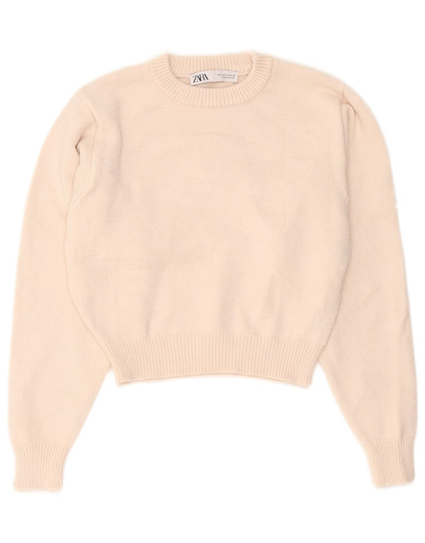 Zara Pull court à col rond pour femme UK 10 Small Beige Viscose