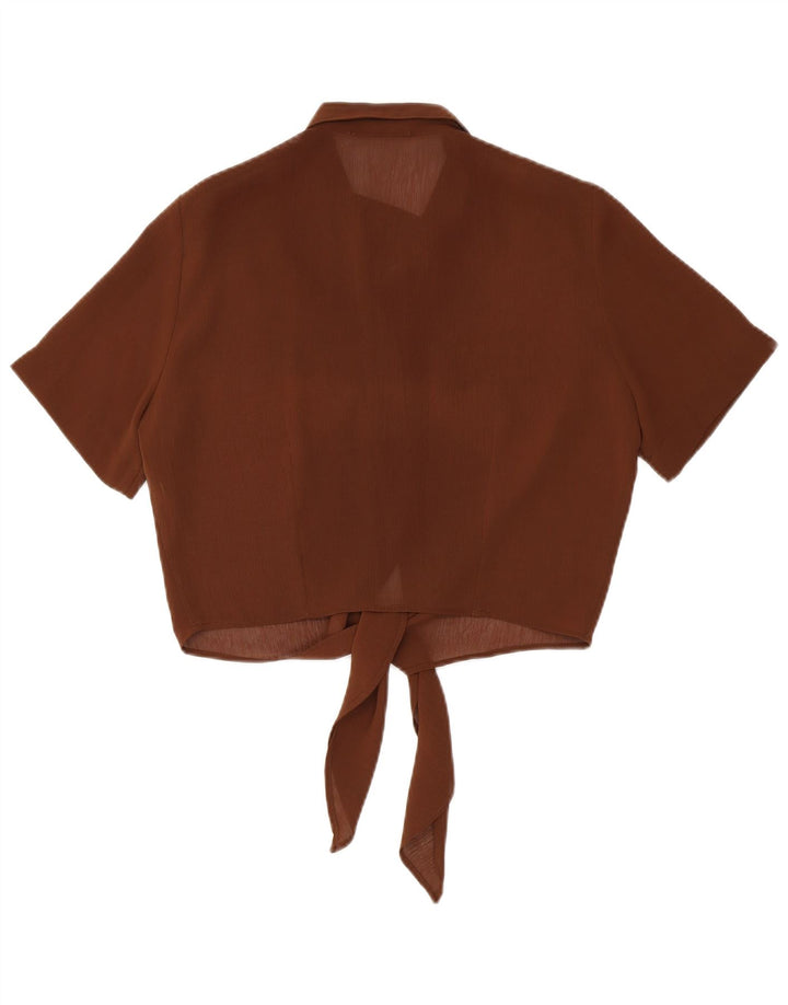 vintage Womens Crop Short Sleeve Shirt Blouse UK 14 Polyester Marron Moyen