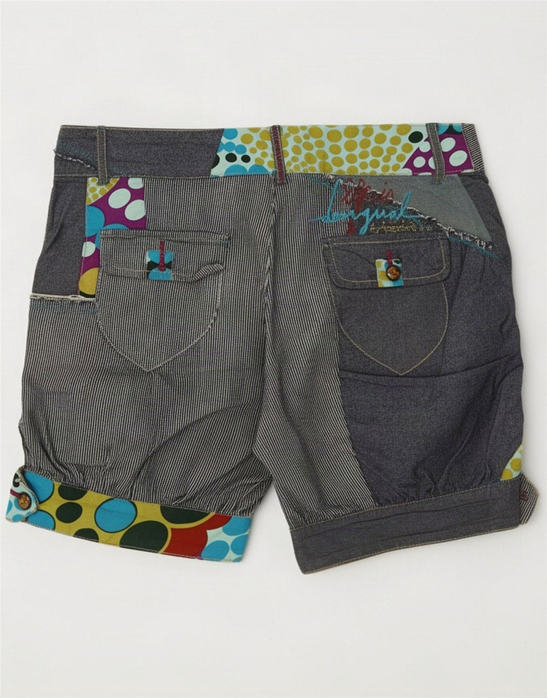 Desigual Short Regular Femme EU 36 Small W28 Bleu Marine Patchwork Coton