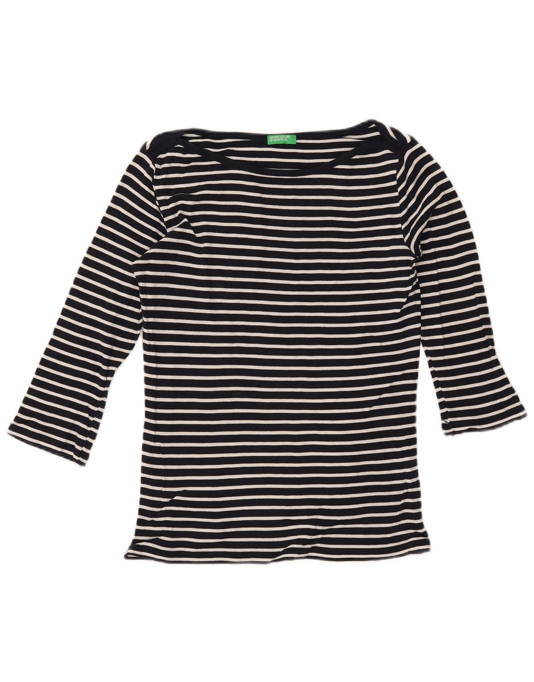 BENETTON Haut Femme Manches 3/4 UK 10 Petit Coton Rayé Bleu Marine