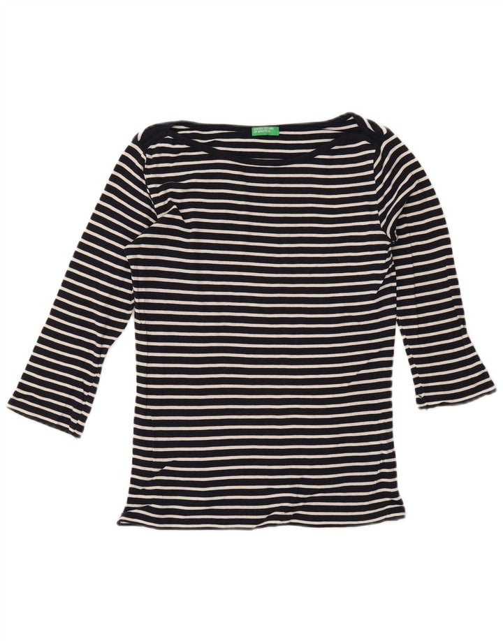 BENETTON Haut Femme Manches 3/4 UK 10 Petit Coton Rayé Bleu Marine