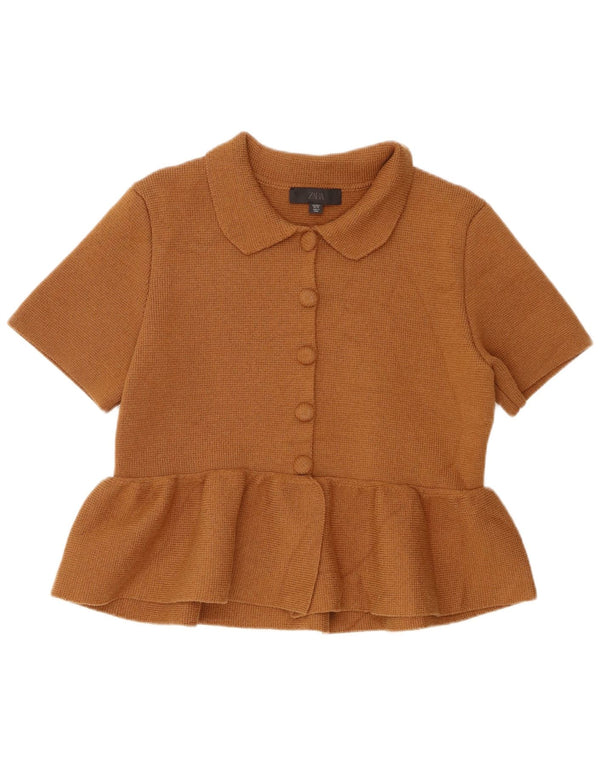 Zara Cardigan à manches courtes pour femme UK 14 Large Marron Coton