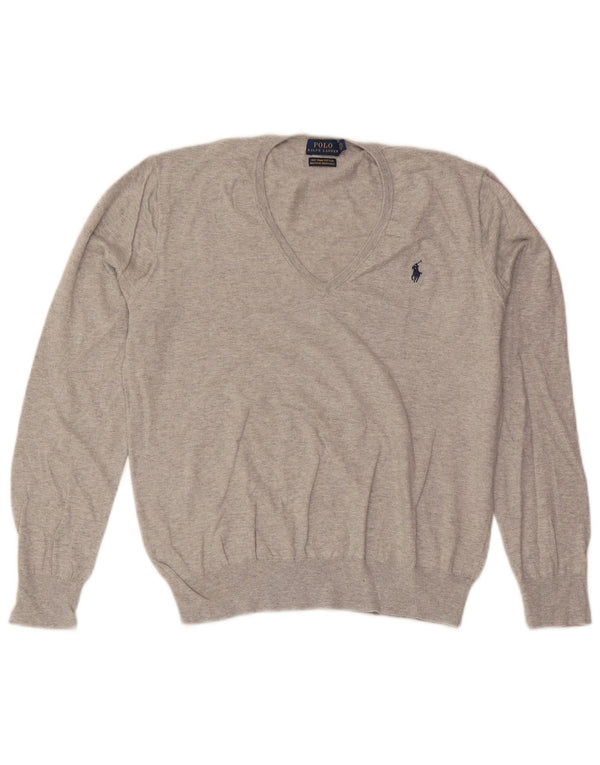 Polo Ralph Lauren Pull col en V pour femme UK 16 Grand coton gris