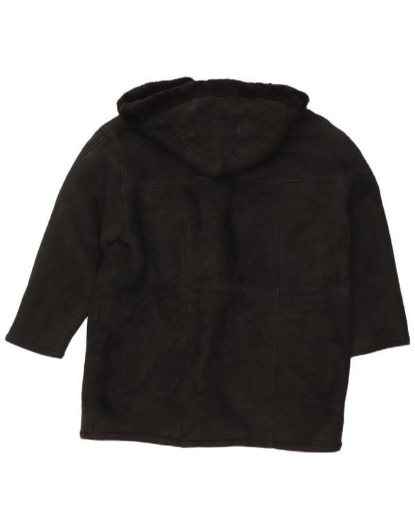 vintage Femmes À Capuchon Surdimensionné Shearling Manteau UK 16 Grand Noir