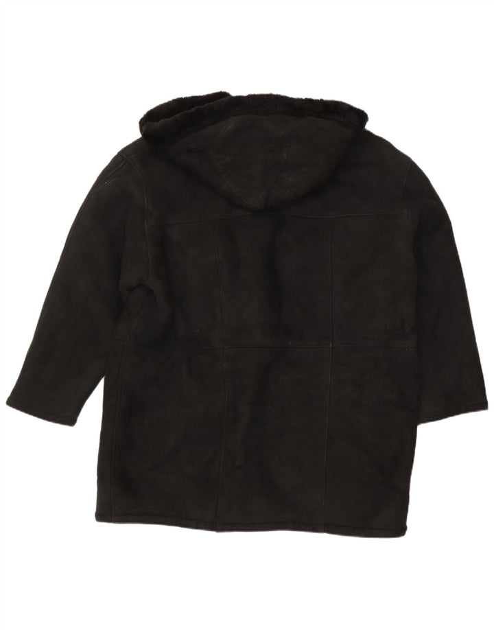 vintage Femmes À Capuchon Surdimensionné Shearling Manteau UK 16 Grand Noir