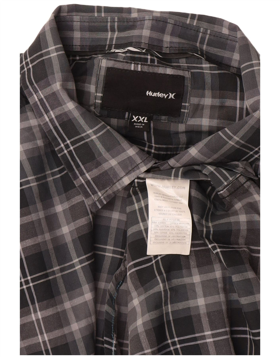 HURLEY Chemise à manches courtes pour homme 2XL en coton à carreaux gris