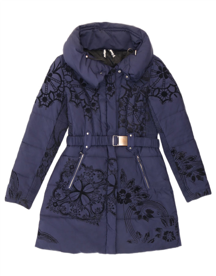 Desigual Manteau Rembourré Femme EU 38 Moyen Bleu Marine Floral Polyester