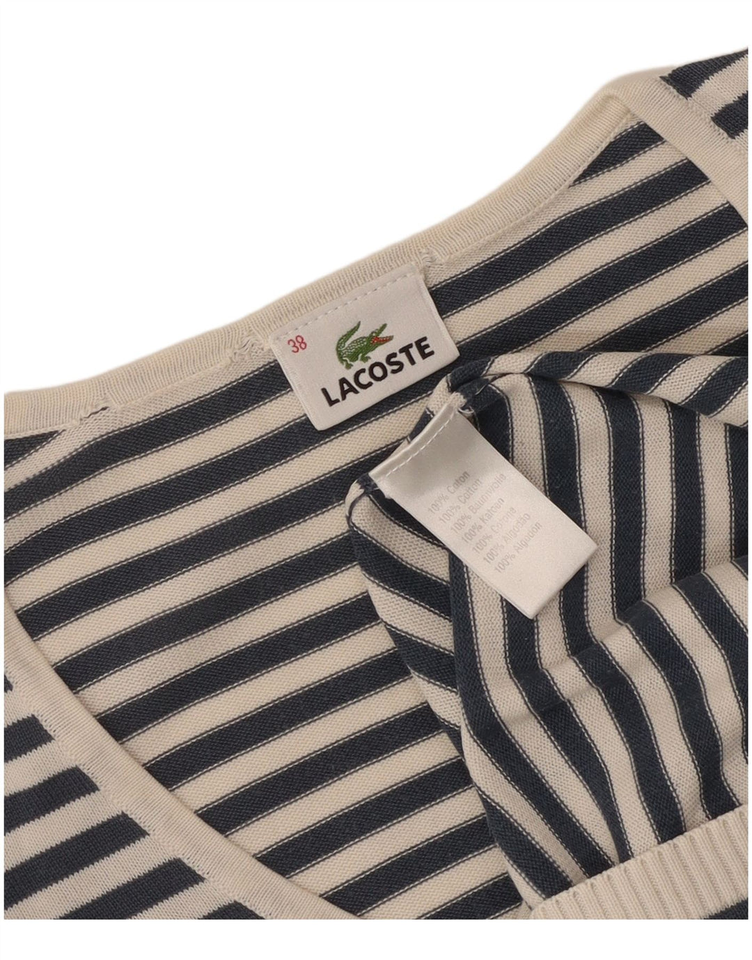 Lacoste Femme Col V Pull Pull Taille 38 Bleu Marine Moyen Rayé