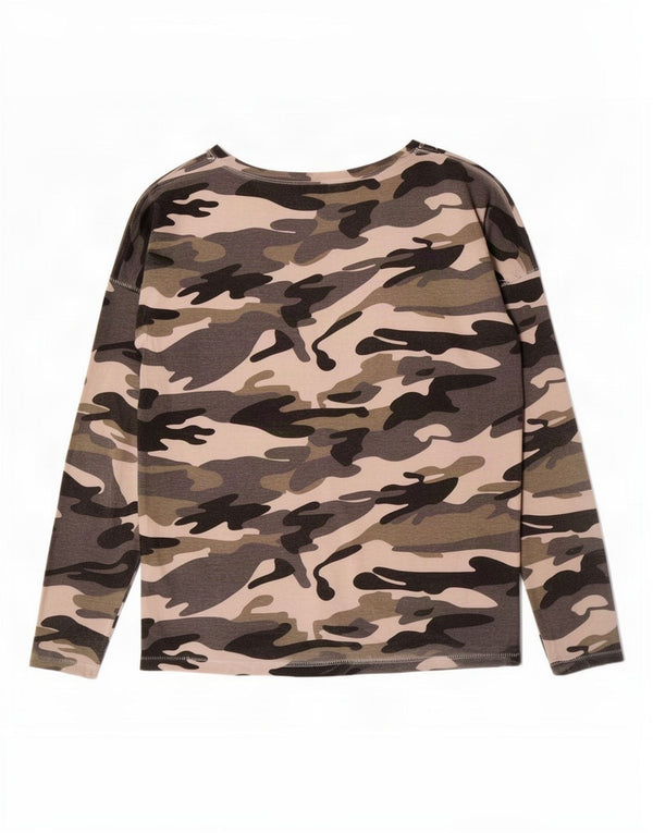 Benetton Haut graphique à manches longues pour femme UK 20 2XL Kaki Camouflage Coton