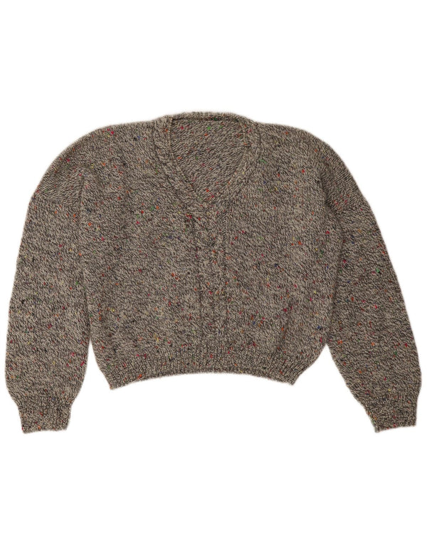 vintage Womens Crop V-Neck Jumper Sweater UK 16 Grand Gris Moucheté
