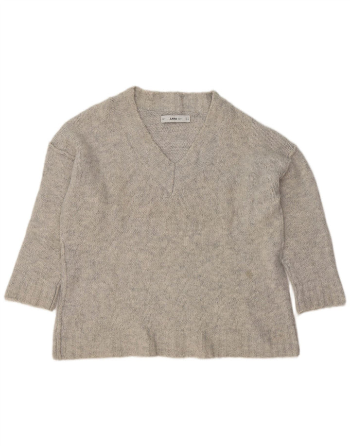 Zara Pull surdimensionné à col en V pour femme UK 10 Petit Acrylique Gris