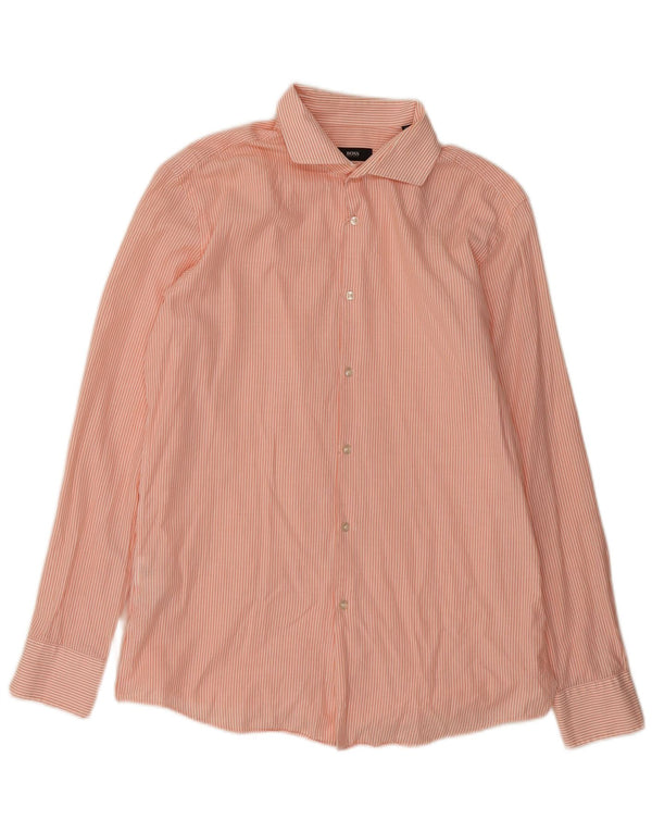 Hugo Boss Chemise slim fit pour homme Taille 42 16 1/2 Grand coton à fines rayures orange