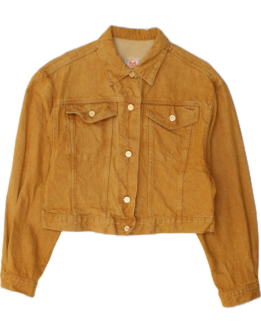 STEFANEL Womens Graphic Crop Denim Jacket UK 14 Large Beige Cotton Vintage Stefanel and Second-Hand Stefanel from Messina Hembry 