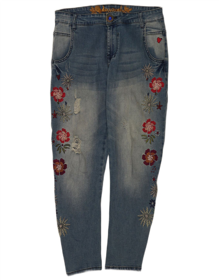 Desigual Jean slim effet vieilli W26 L26 bleu floral pour femme
