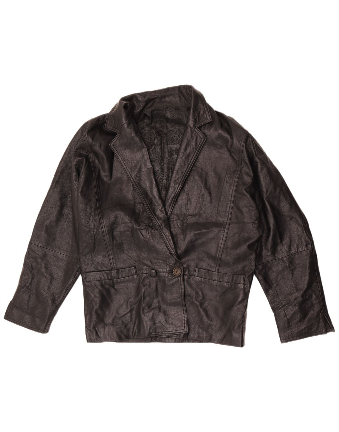 vintage Femmes Double Breasted Leather Blazer Jacket UK 16 Grand Noir