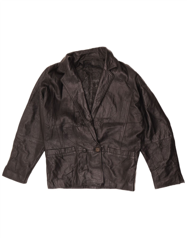 vintage Femmes Double Breasted Leather Blazer Jacket UK 16 Grand Noir