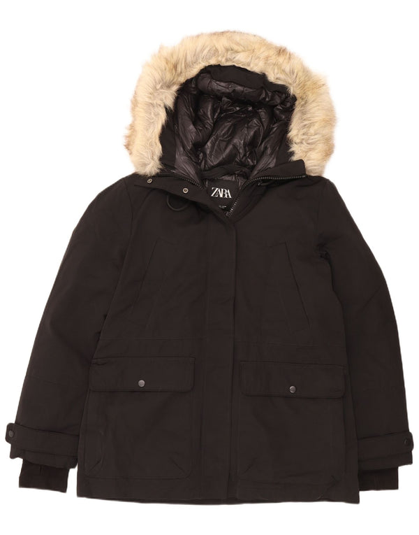 Zara Veste matelassée à capuche pour femme UK 16 Large Noir Polyester