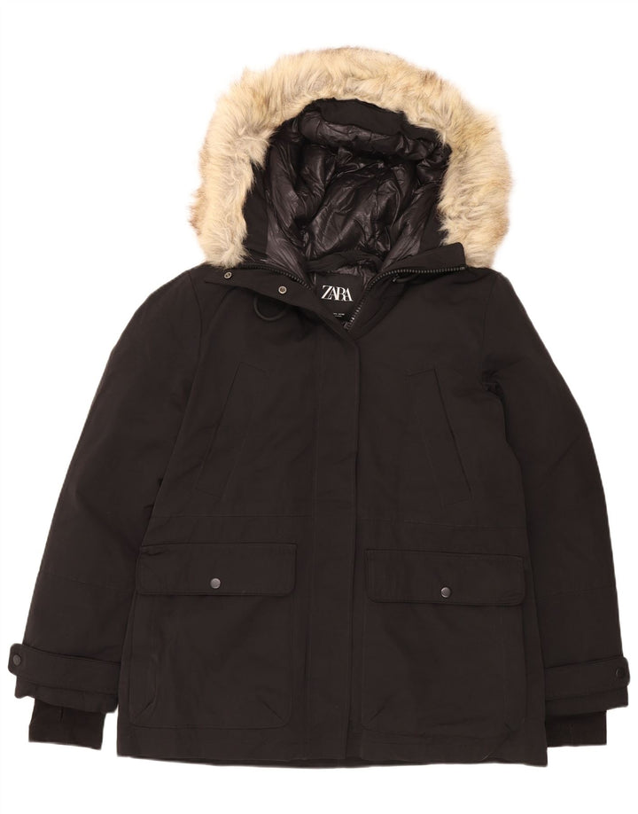Zara Veste matelassée à capuche pour femme UK 16 Large Noir Polyester