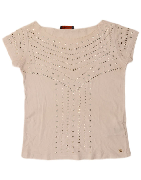 TRUSSARDI JEANS T-Shirt Femme Top UK 6 XS Blanc Coton