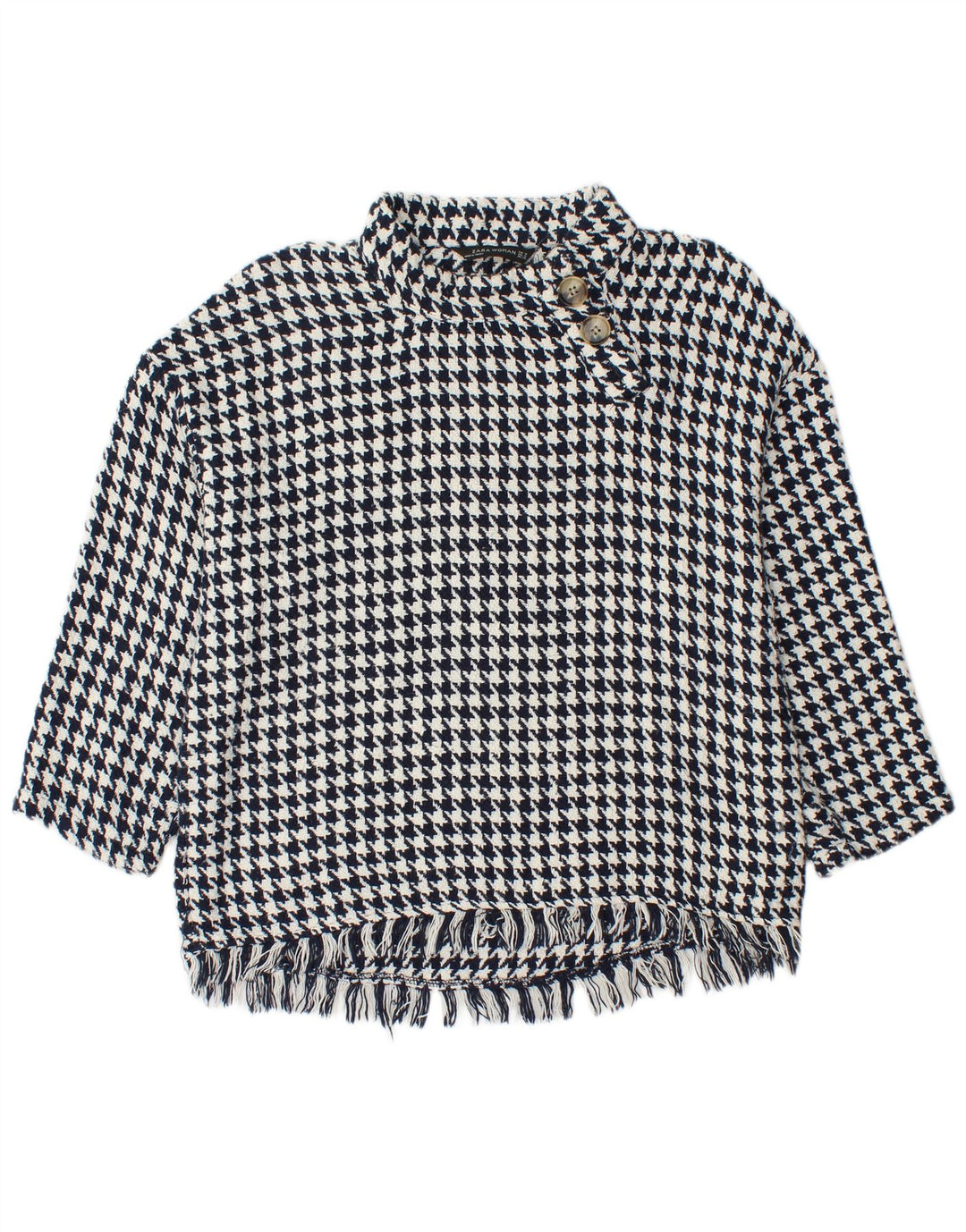 Zara Pull à col boutonné pour femme UK 14 Motif pied-de-poule Bleu marine moyen