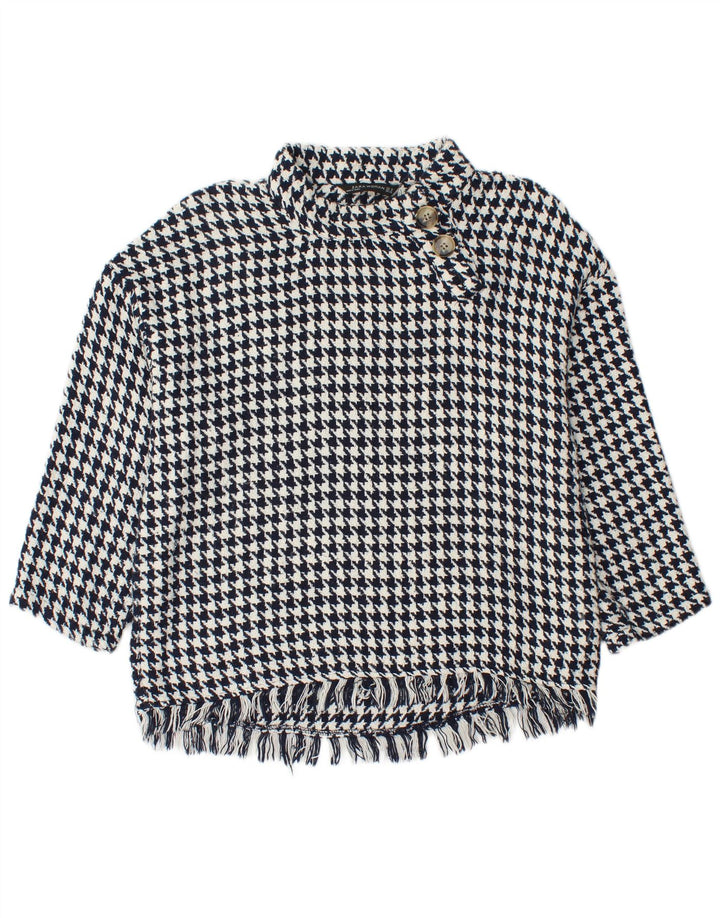 Zara Pull à col boutonné pour femme UK 14 Motif pied-de-poule Bleu marine moyen