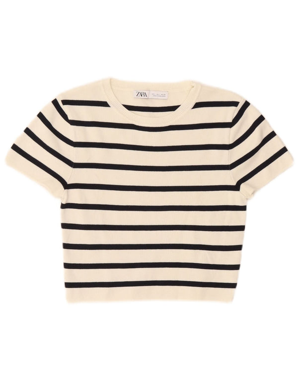 Zara Womens Crop Boat Neck Jumper Sweater UK 14 Grand Blanc Rayé