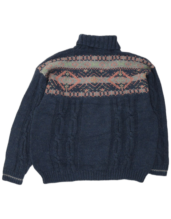vintage Mens Roll Neck Jumper Pull 2XL Bleu Marine Fair Isle
