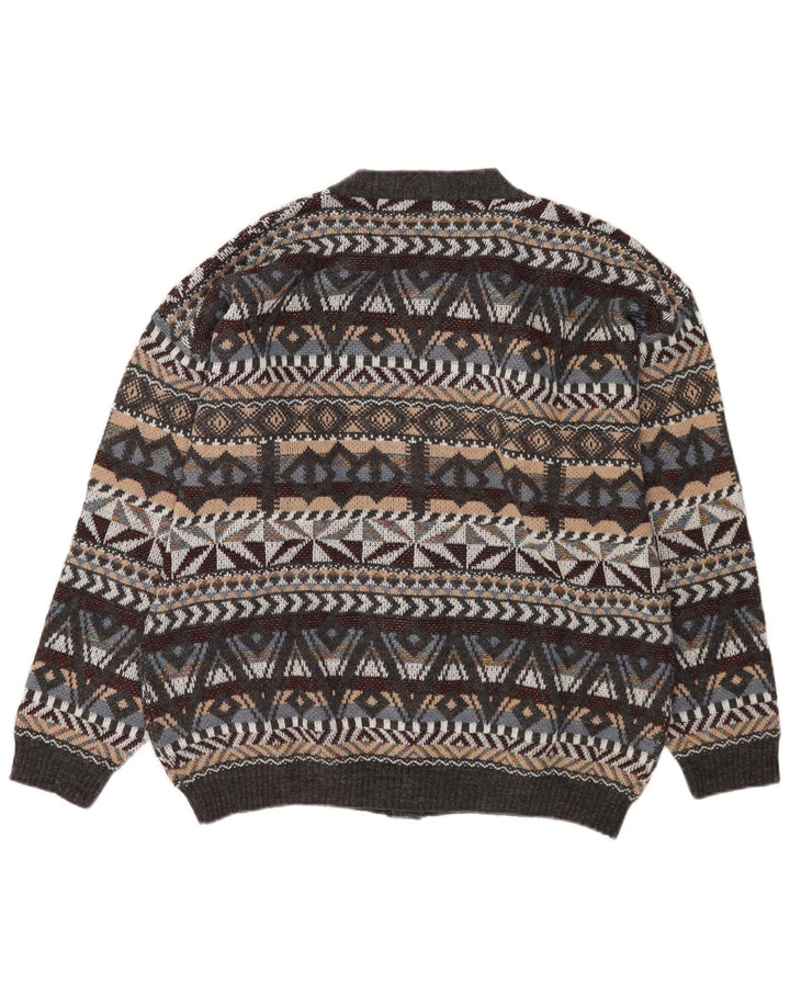vintage Mens Cardigan Pull Moyen Gris Géométrique Laine