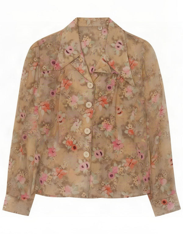 Chemisier vintage à manches longues pour femme UK 44 Medium Beige Floral Retro