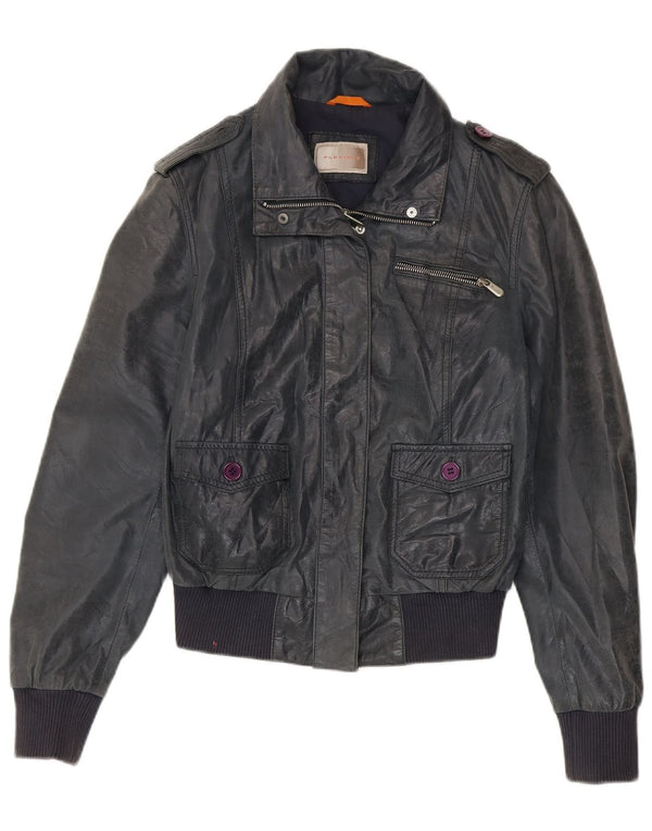 veste en cuir bomber femme vintage IT 46 Grand cuir bleu marine
