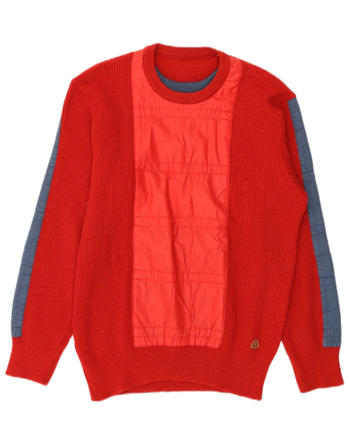 VINTAGE Pull ras du cou pour homme IT 52 Grande laine colorblock rouge