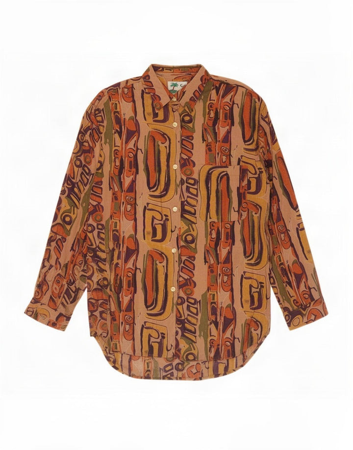 vintage Femmes Longline Abstract Pattern Shirt Blouse UK 14 Brun Moyen