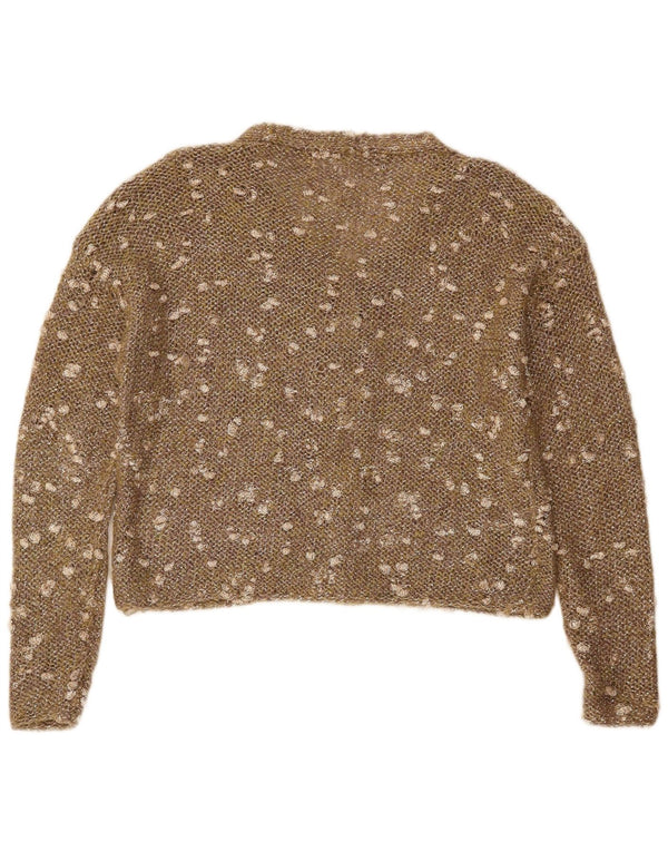 VINTAGE Femmes Crop Crochet Cardigan Pull UK 16 Grand Brun Moucheté