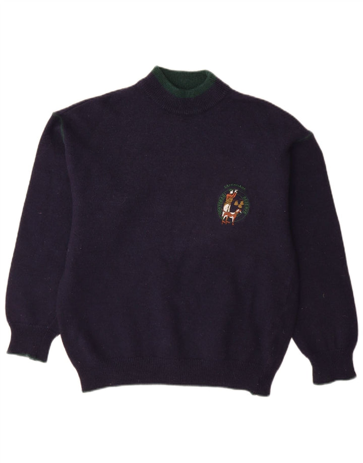 vintage Mens Turtle Neck Jumper Pull Moyen Marine Bleu Alpaga Laine