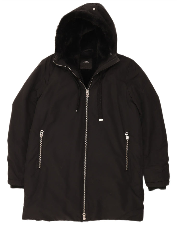 ZARA Manteau coupe-vent à capuche Sherpa pour femme UK 14 Polyester noir moyen