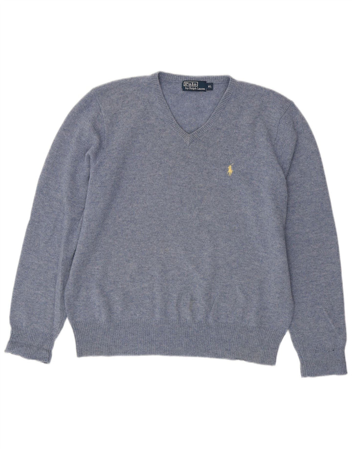 POLO RALPH LAUREN Pull Col V Homme XL Bleu Moucheté Laine d'Agneau